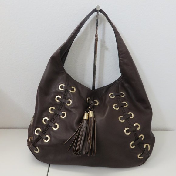 Michael Kors Astor Dark Brown Leather Hobo Bag Large Gold Grommets & Tassels - Picture 1 of 10